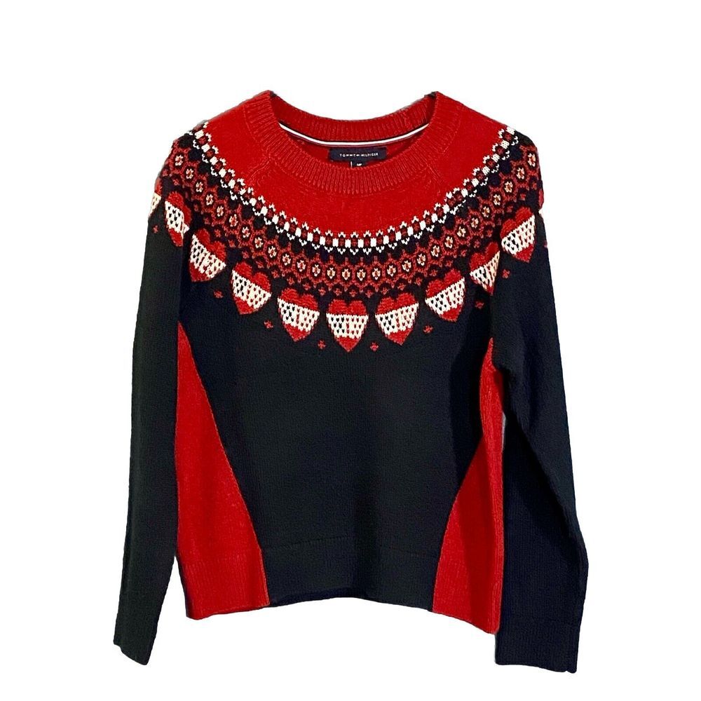 Tommy Hilfiger Women's Fair-Isle Hearts Crewneck Sweater Small/P (2920) Red/Blue